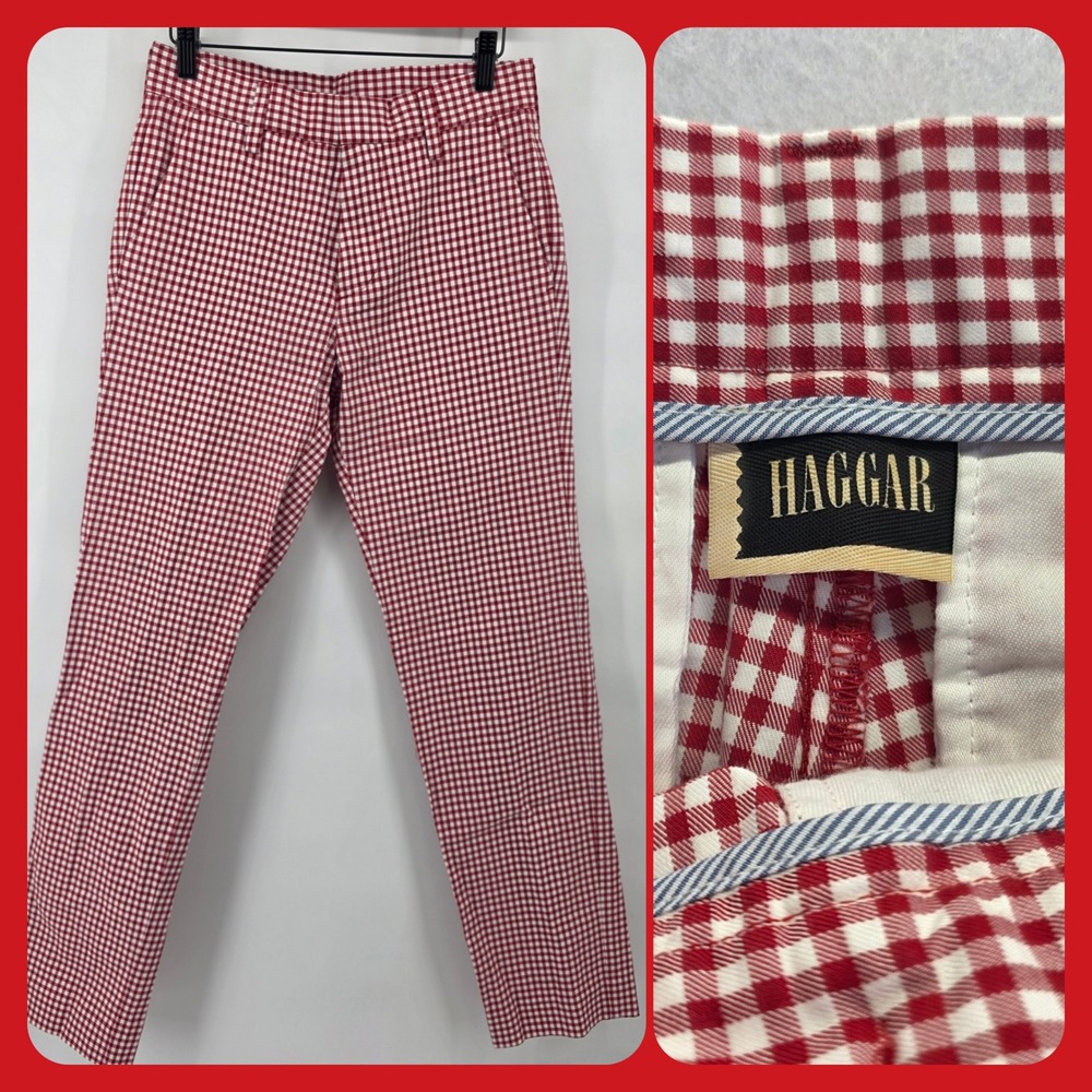 Haggar Mens Red Gingham Check Pants Size 28x32 Cotton Straight Leg Casual‎